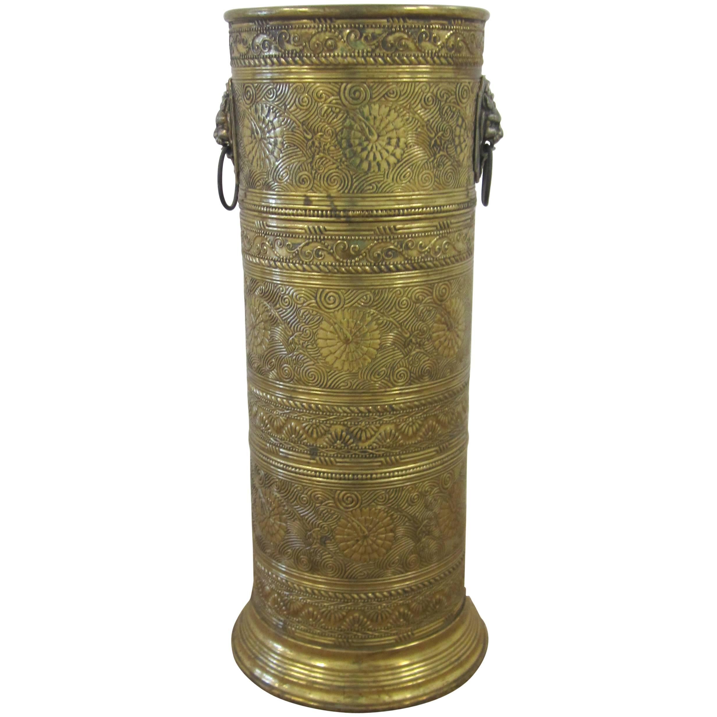 Vintage Brass Umbrella Stand with Decorative Lion Heads