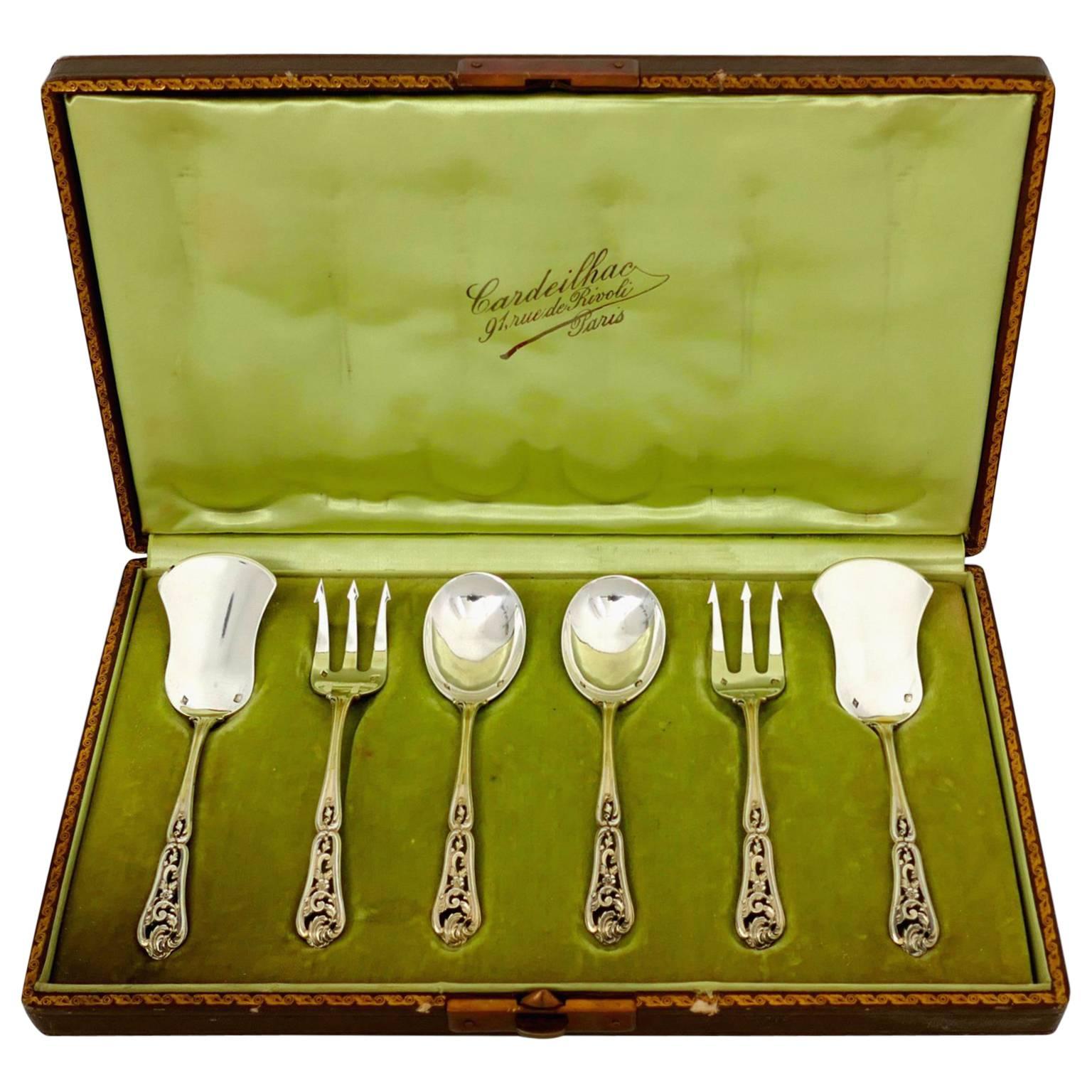 Cardeilhac French Sterling Silver 18-Karat Gold Dessert Hors D'oeuvre Set Box For Sale