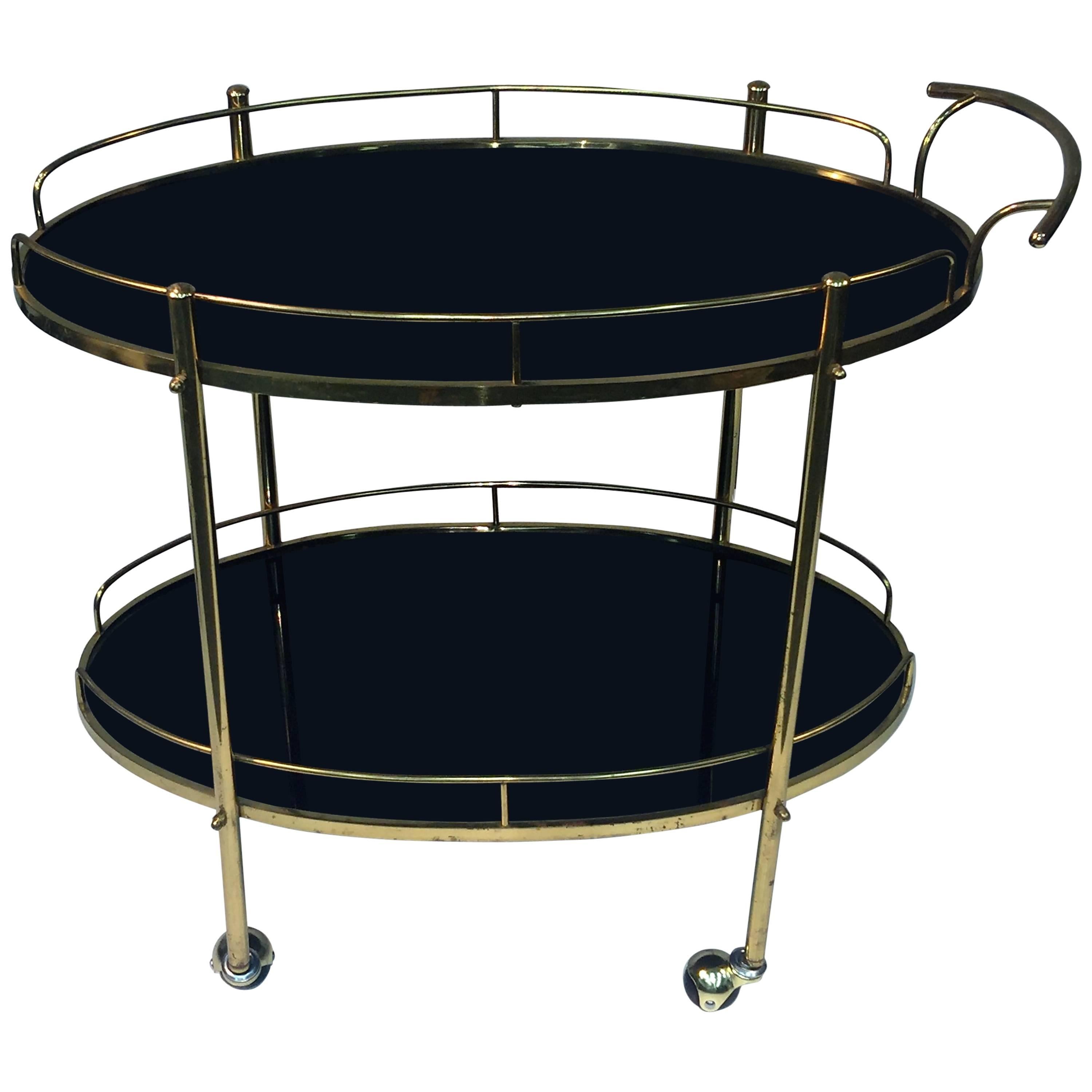 Elegant Modern Double Tier Black Glass and Brass Bar Cart
