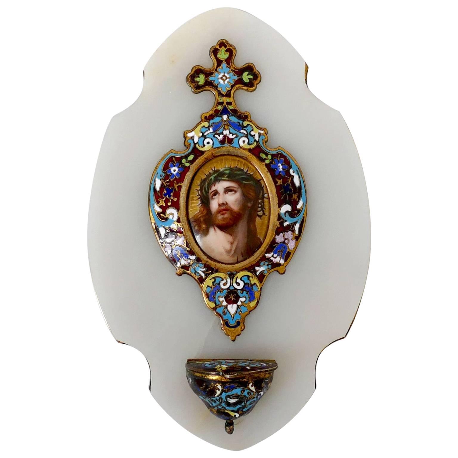 Rare Antique French Champlevé Enamel Holy Water Font Christ Porcelain Painting