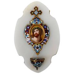 Rare Antique French Champlevé Enamel Holy Water Font Christ Porcelain Painting