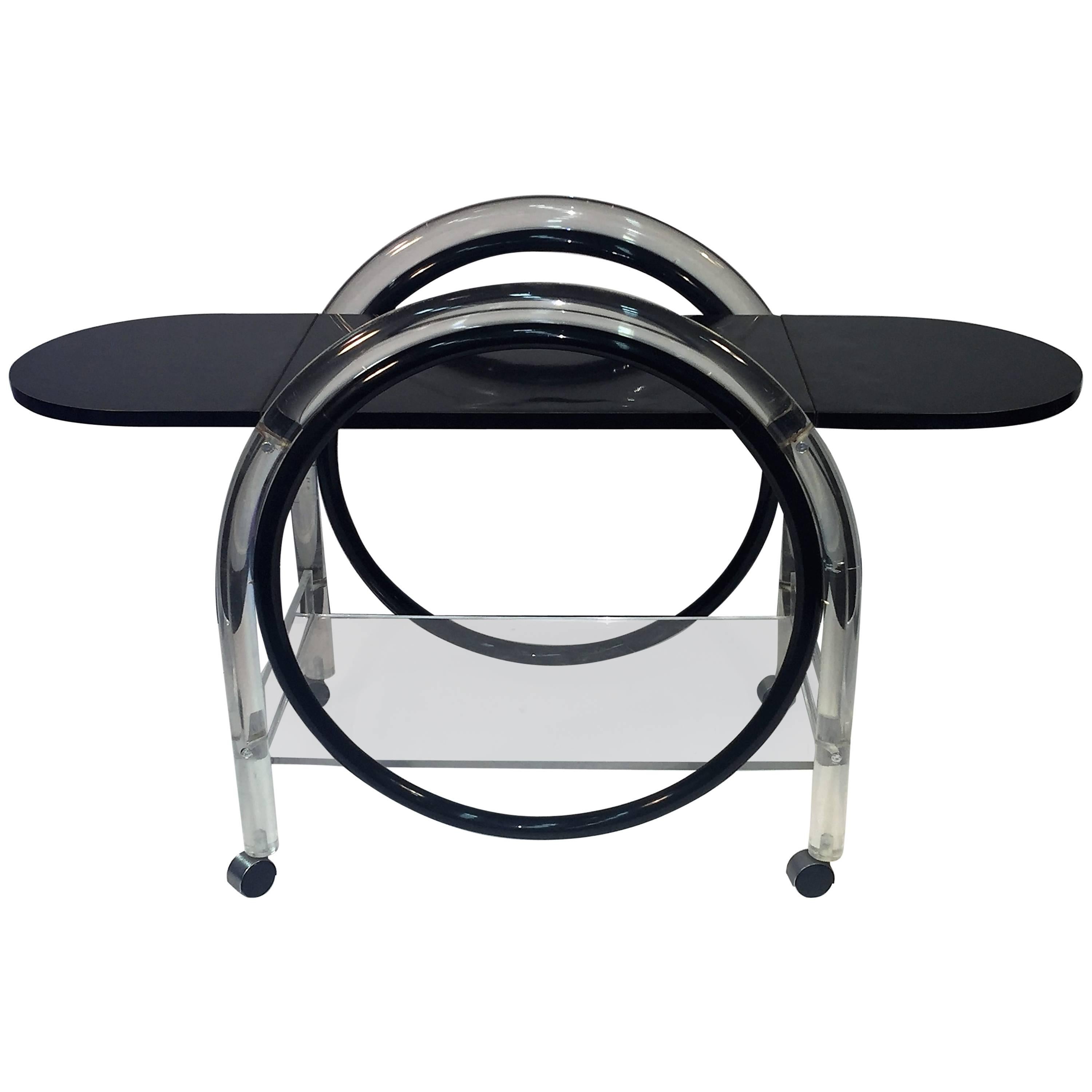 Dynamic Charles Hollis Jones Black and Clear Lucite Round Bar Cart For Sale