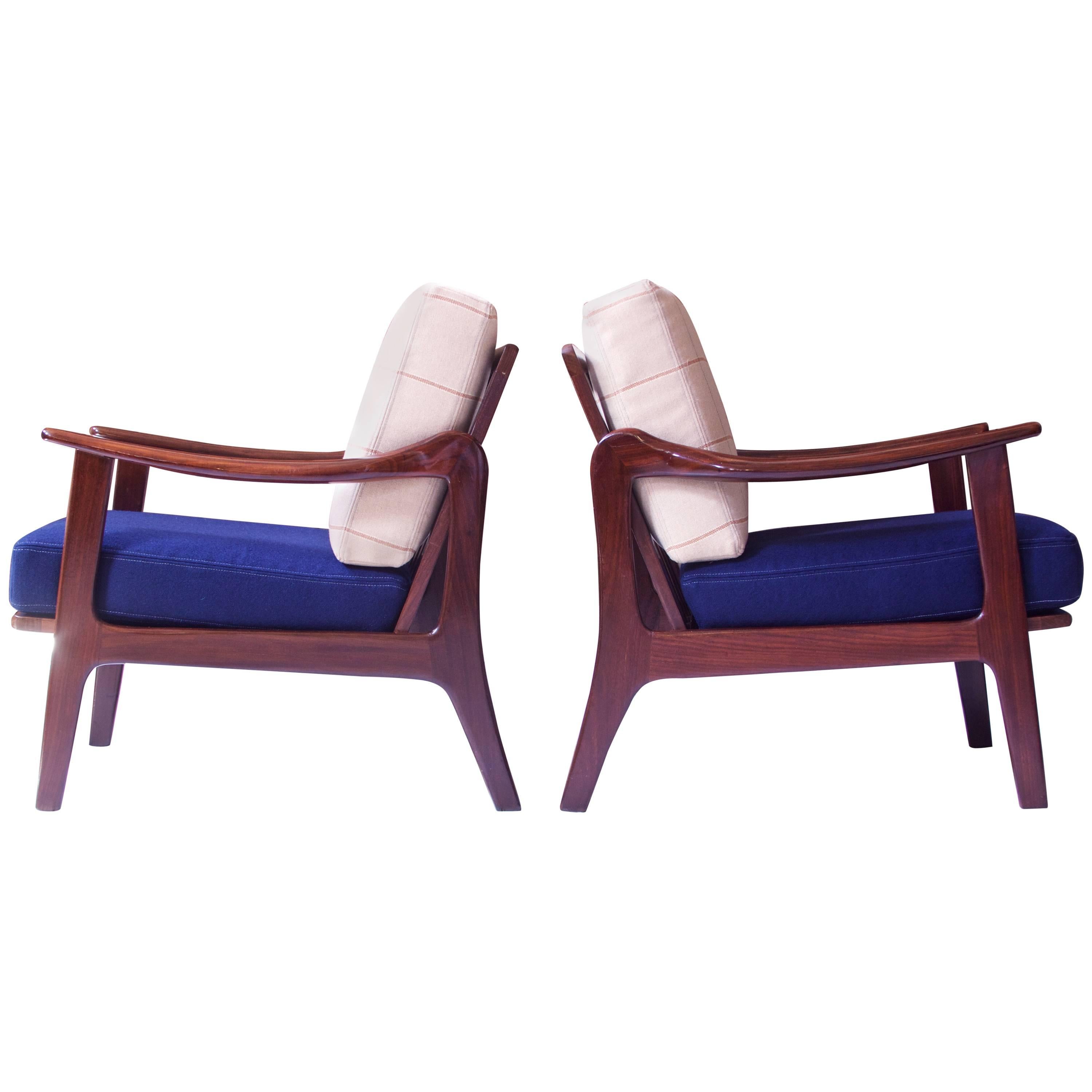 Pair of Vintage Fredrik A. Kayser Teak and Wool Lounge Chairs, Norway, 1950s