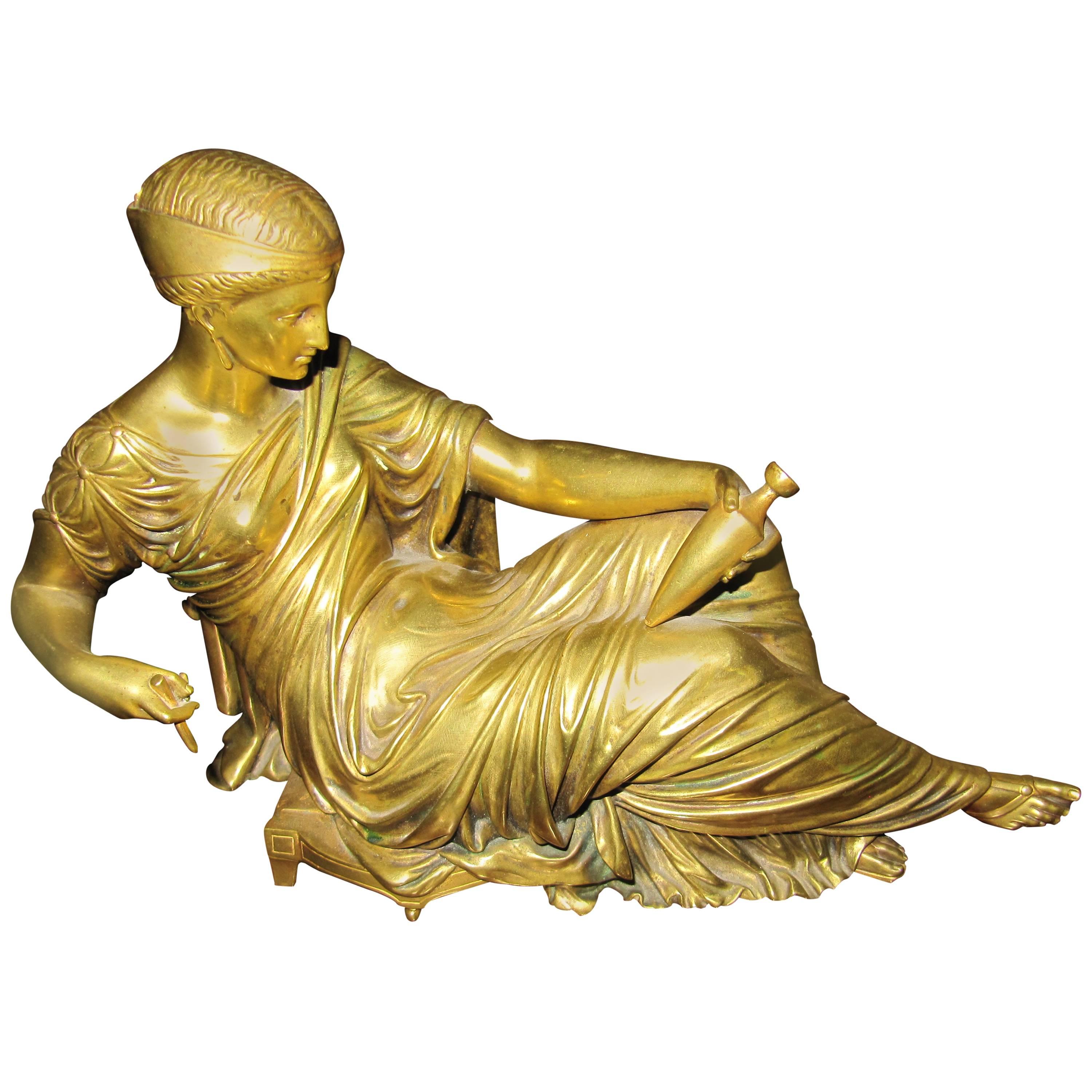 Spectacular Gilt Bronze of Reclining Roman Woman, Beautiful Gilt Finish