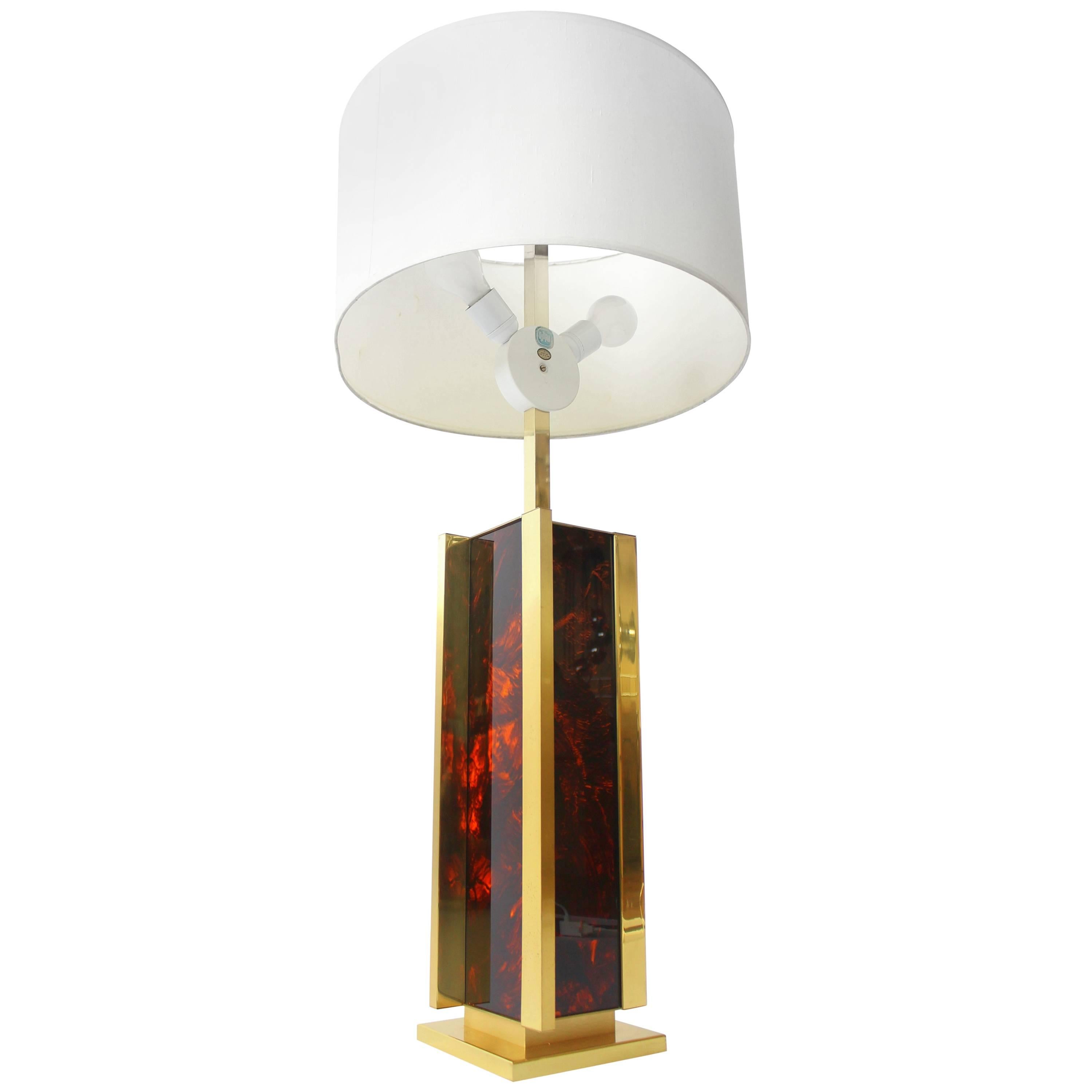 Sciolari Brass and Faux Tortoise Massive Table Lamp Vintage, Italia, 1970s For Sale