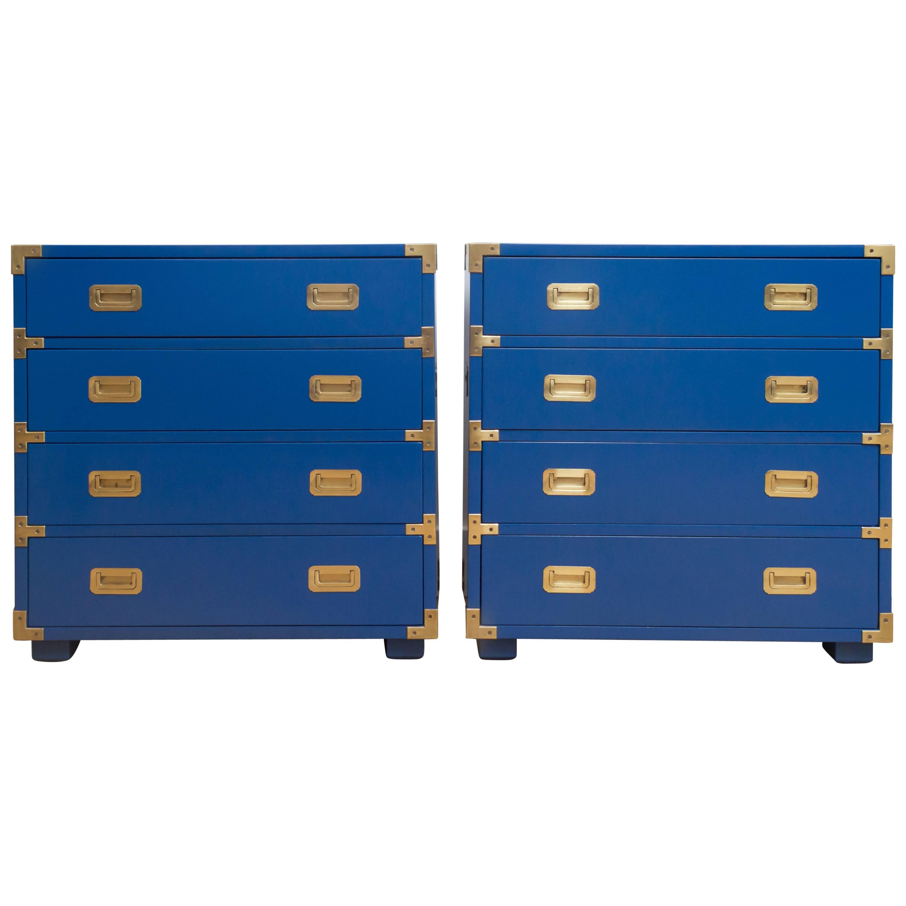 Blue Lacquered Pair of Henredon Campaign Chests