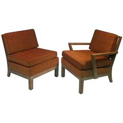 Vintage Phenomenal Modernist Pair of His/Hers Cerused Oak Armchairs