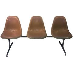 Vintage Great Herman Miller Triple Bucket Seat Tan Leather Lounge