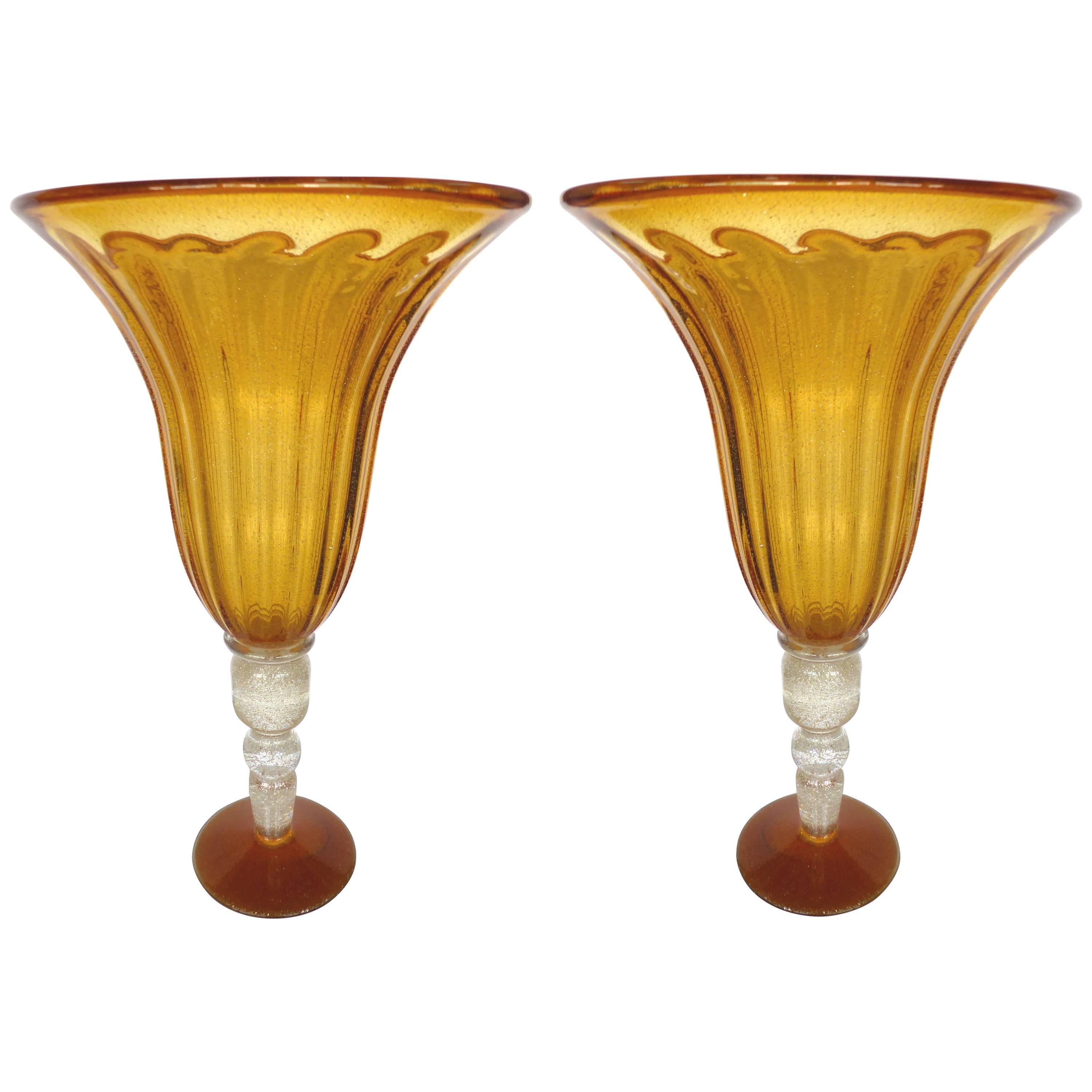 Monumental Pair of Blown Murano Glass Urns with Infused Gold Flakes