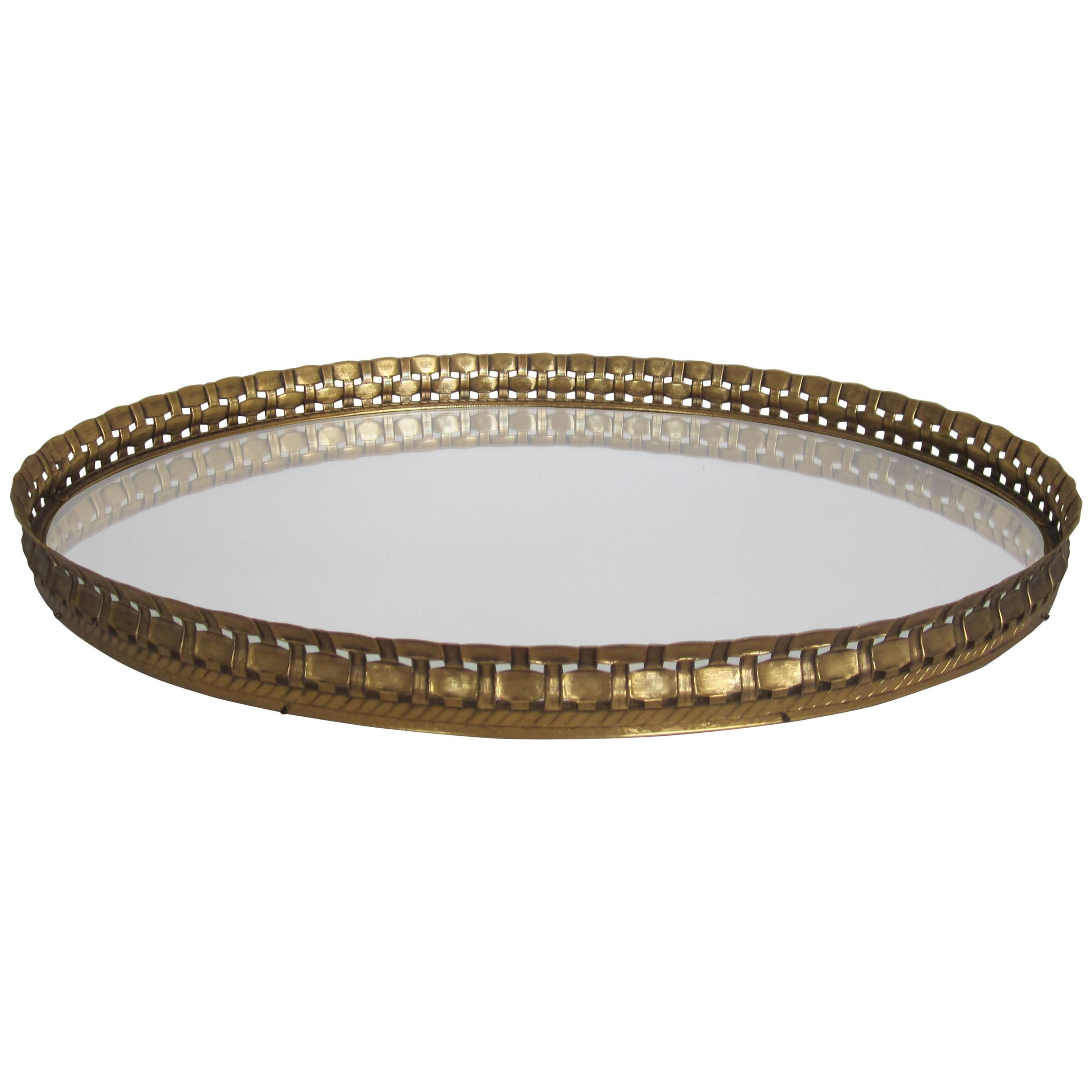 Beautiful Vintage Oval Brass and Mirror Vanity Tray