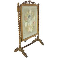 B424 Antique Scrolled Barley Twist Mahogany Fire Screen with Needlepoint Embroid 3