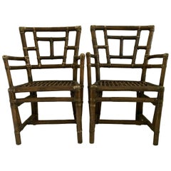 1930'S Pair Of Restored Rattan & Leather Wrap Armchairs