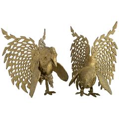 Retro Pair of Italian Solid Brass Fighting Rooster Sculptures