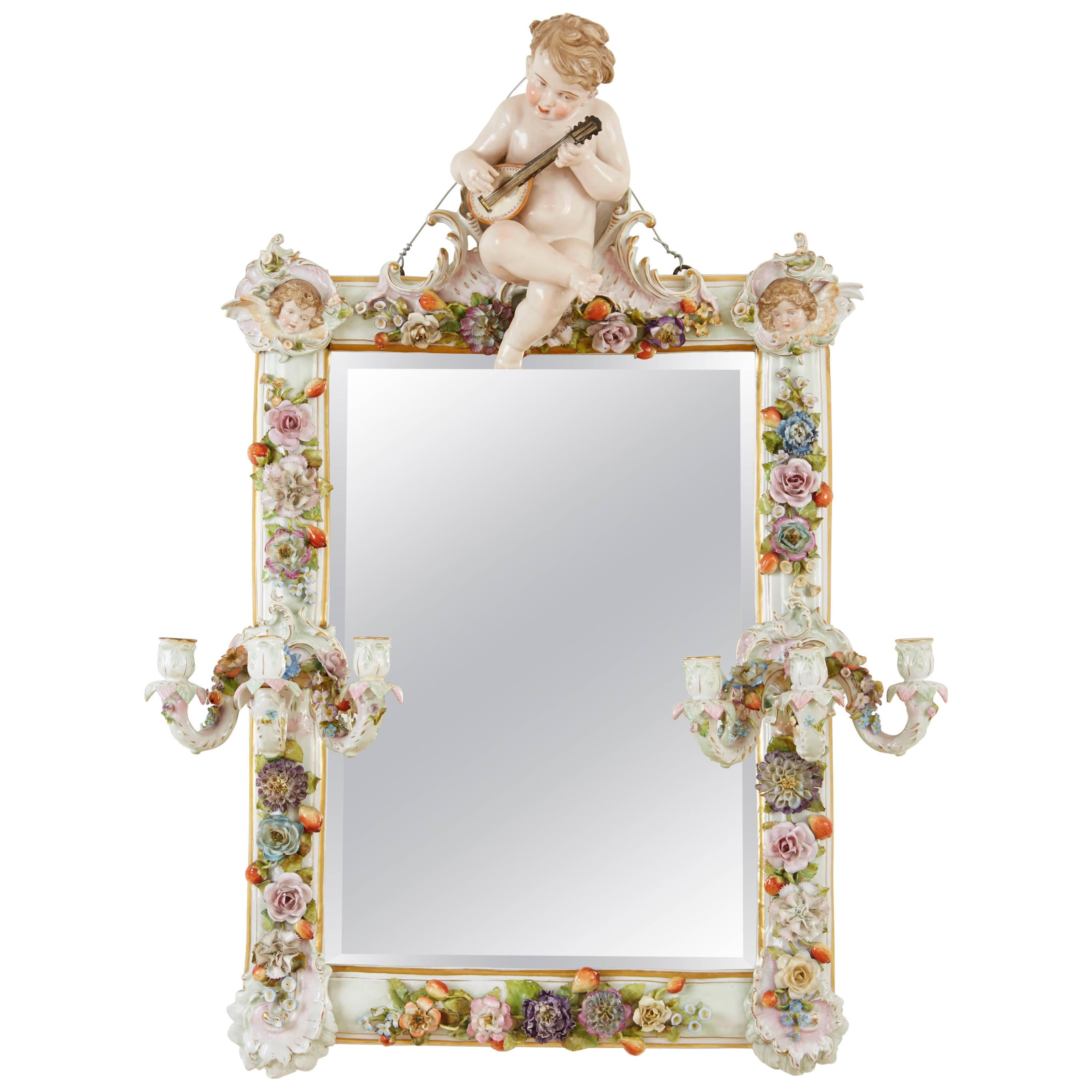 Meissen Porcelain Antique Mirror with Candleholders