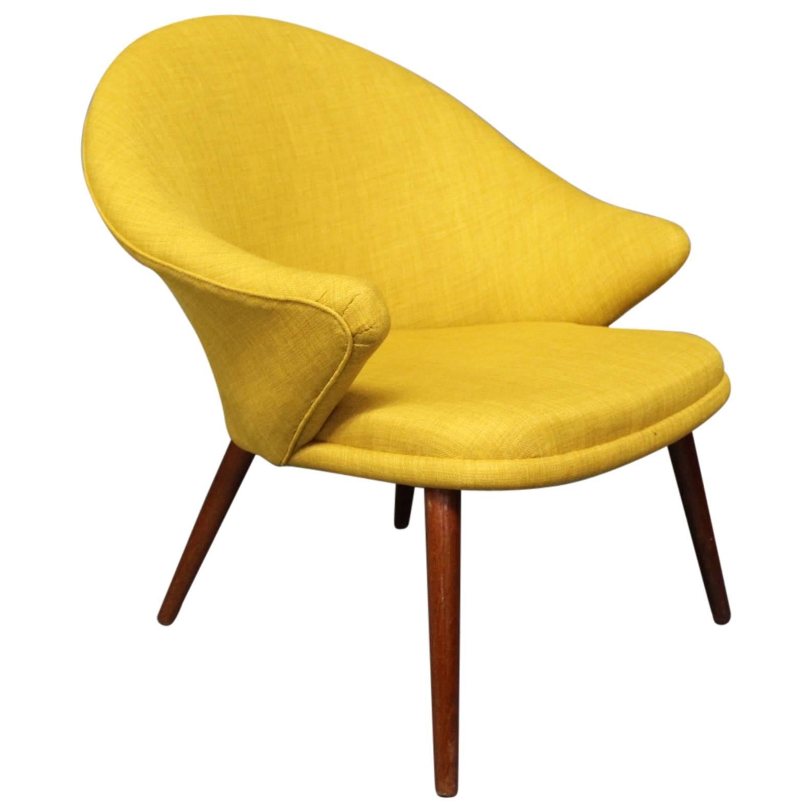 Nanna Ditzel Armchair Upholstered in Yellow Fabric and Legs of Teak, 1960s