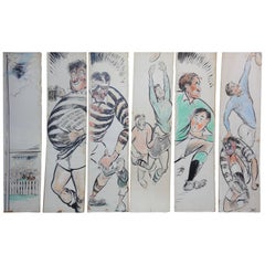 Large Comical English Set of Six Drawings Related to a Rugby Match Artist "Donk"