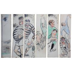 Large Comical English Set of Six Drawings Related to a Rugby Match Artist "Donk" 11