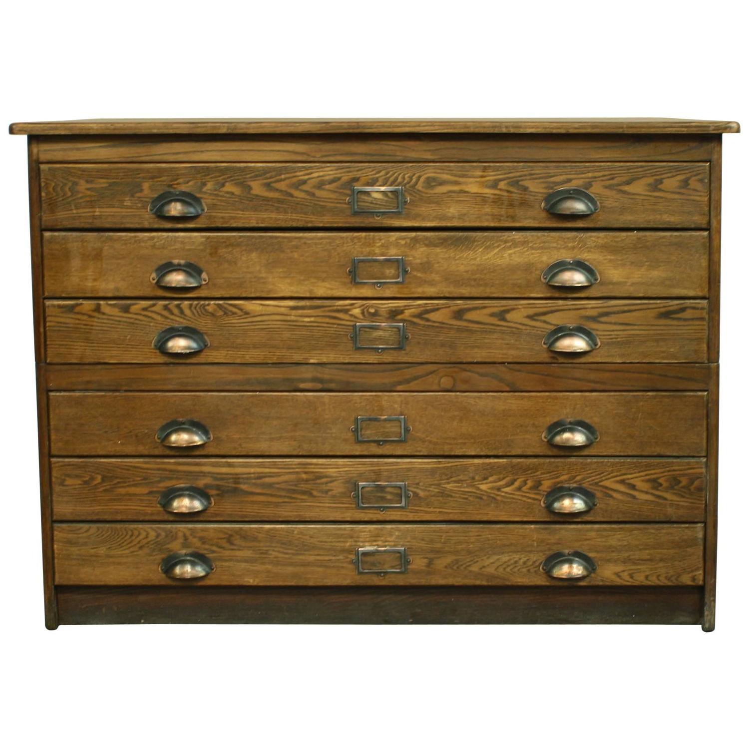 1930s Wooden Plan Chest Architect Drawers with Brass Handles For Sale