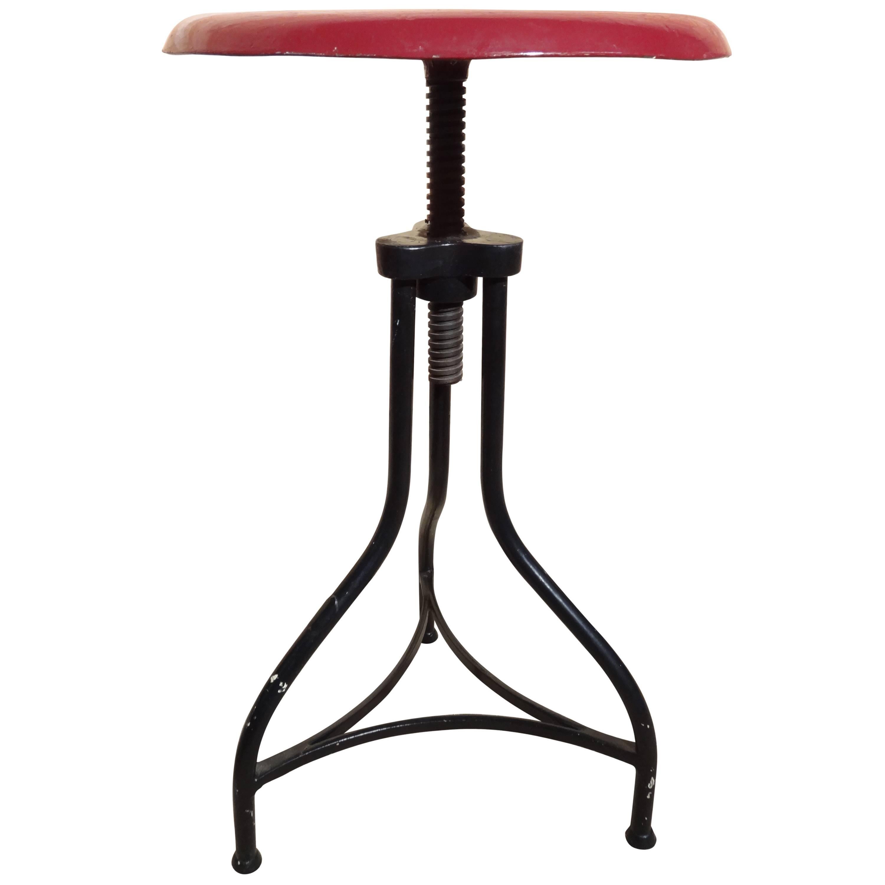 1930s Metal French Industrial Stool with Red Seat