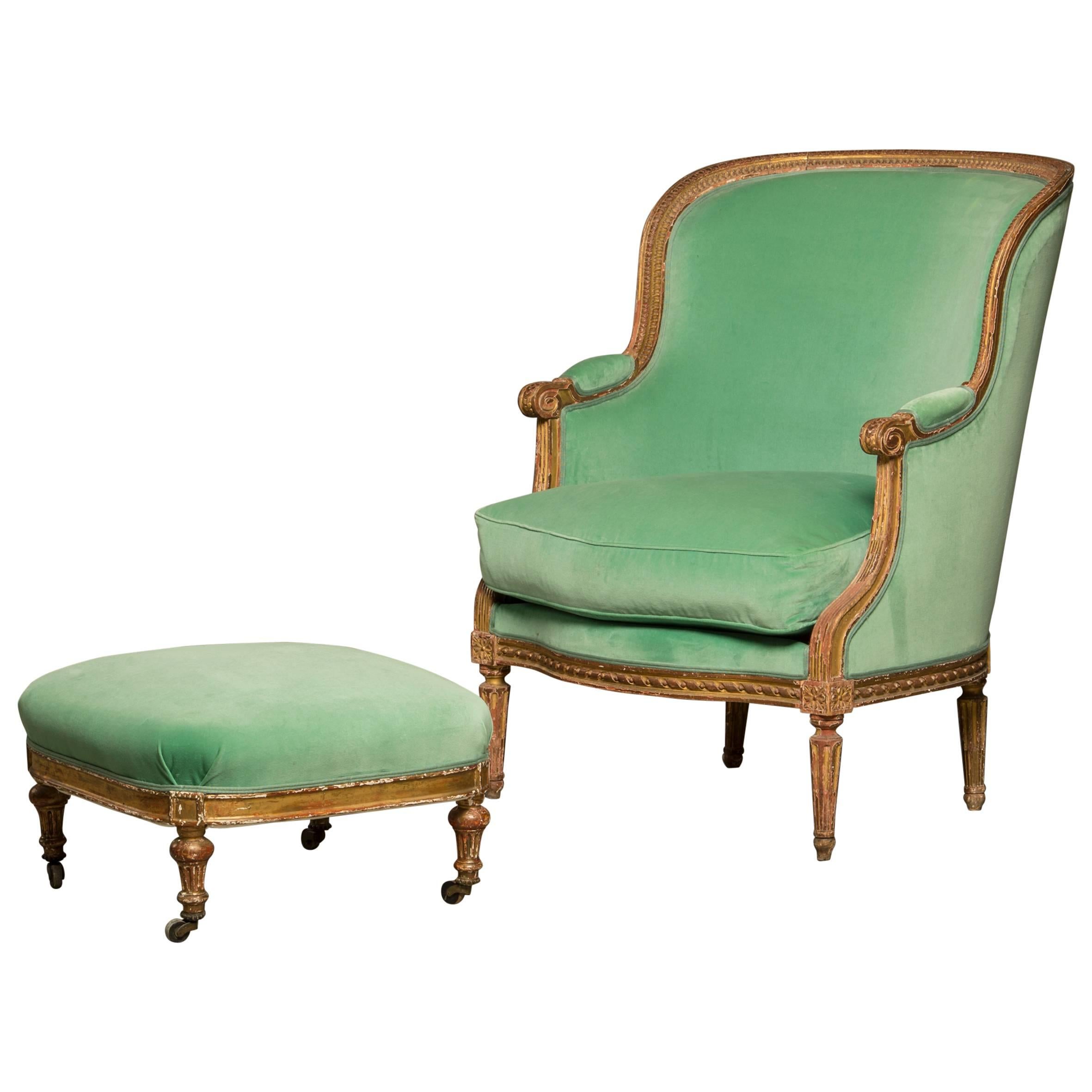 Large French Bergere Chair in Louis XVI Style with Matching Footstool