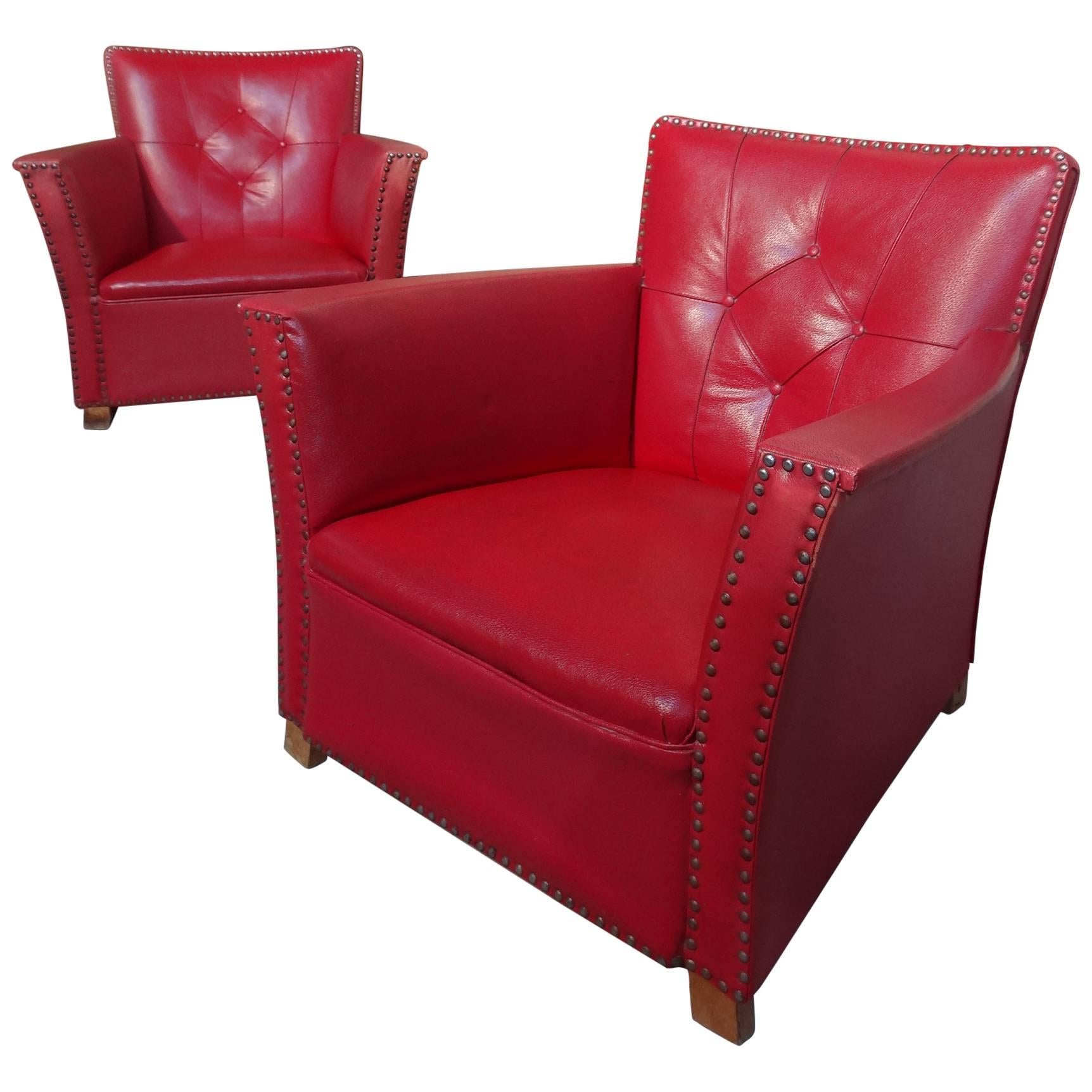 Red Vinyl Art Deco Club / Lounge Chairs, circa 1930