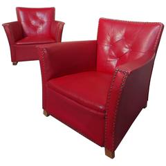 Red Vinyl Art Deco Club / Lounge Chairs, circa 1930 1