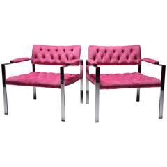 Vintage Erwin Lambeth chrome frame mid century lounge chairs, buttoned tufted velvet.