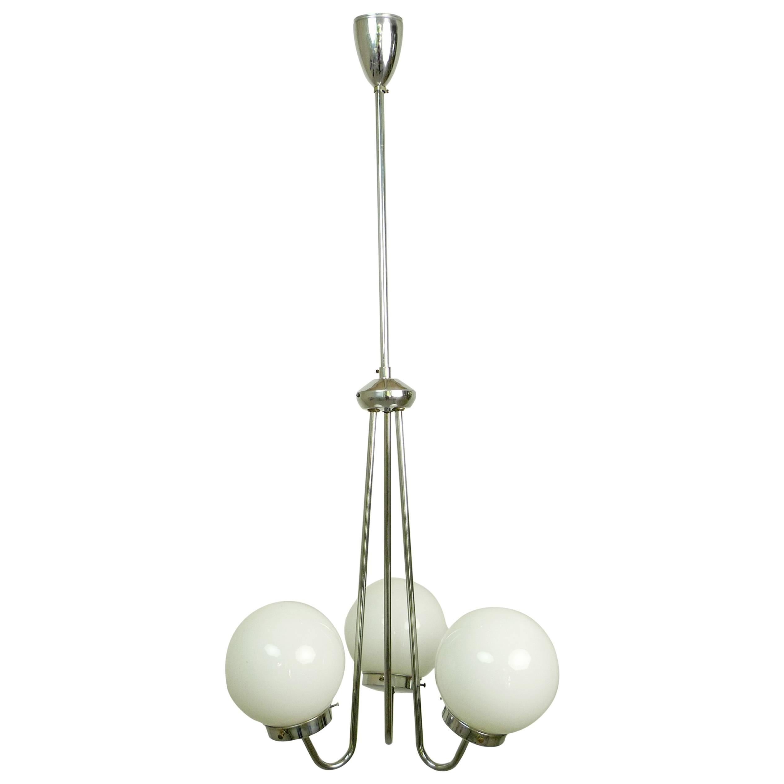Art Déco Pendant Lamp with three Glass Globes from Zukov, Czechoslovakia, 1940s For Sale