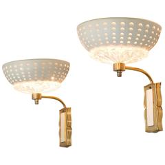 Set of Two Wall Lights in Brass and Structured Glass