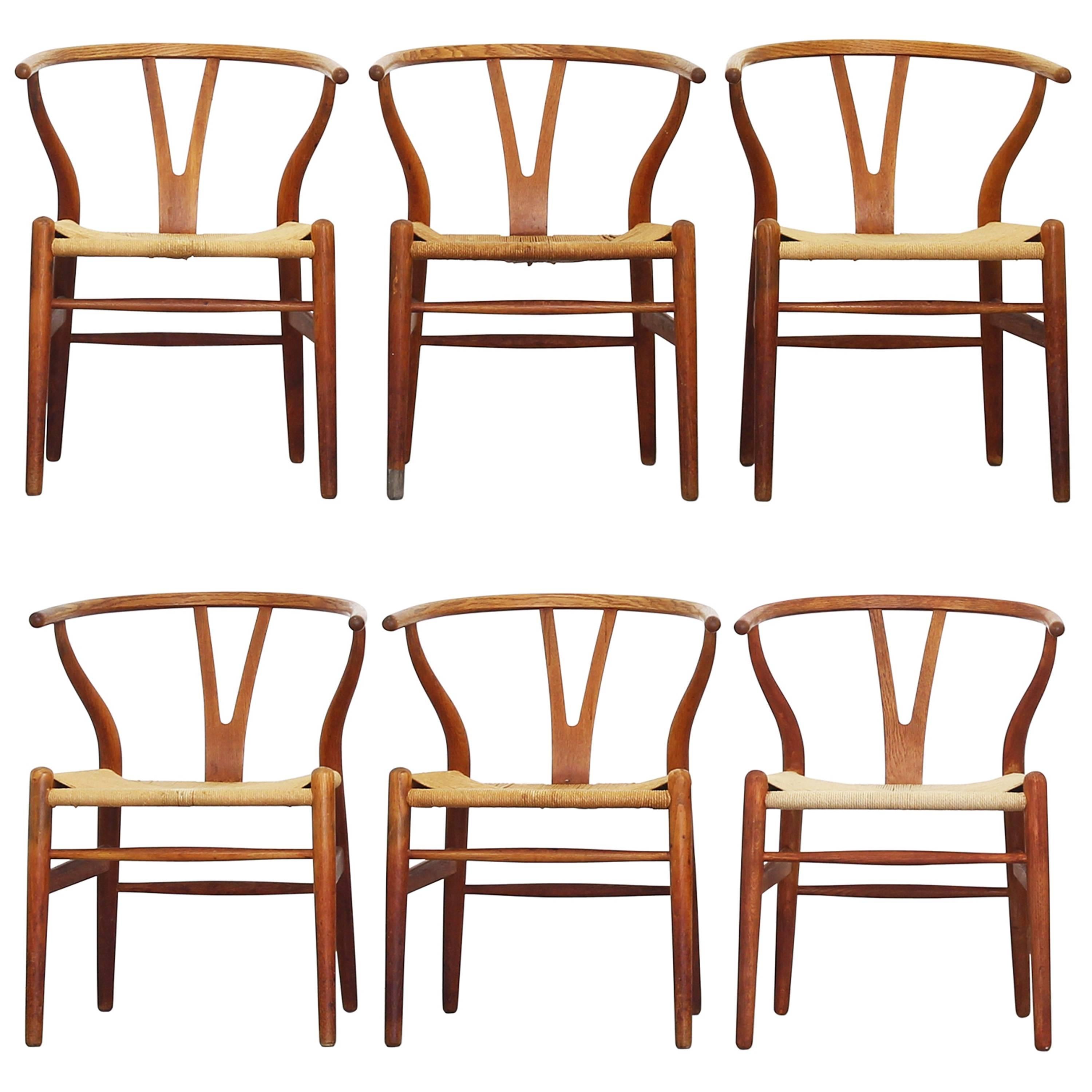 Set of Six Old Dining Wishbone Chairs by Hans J. Wegner for Carl Hansen Oak