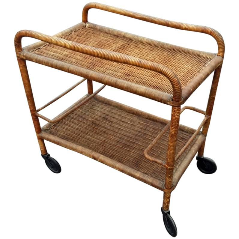 Attrtibuted to Jacques Adnet, Art Deco Trolley in Rattan
