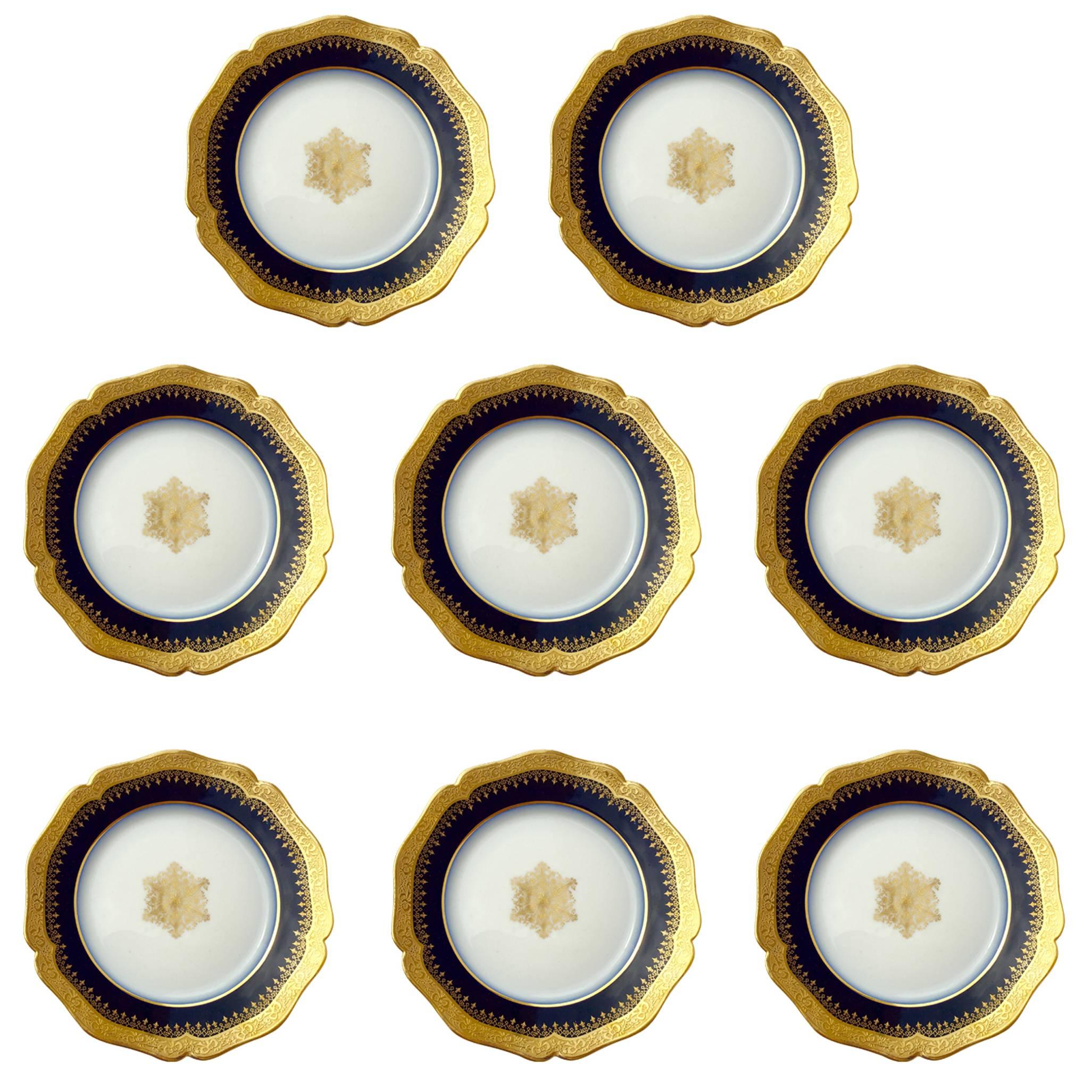 Eight Limoges Porcelain Bread and Butter Plates, Cobalt Blue and Gold Encrusted
