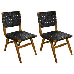 Vintage Pair of Walnut and Leather Webbed Side Chairs