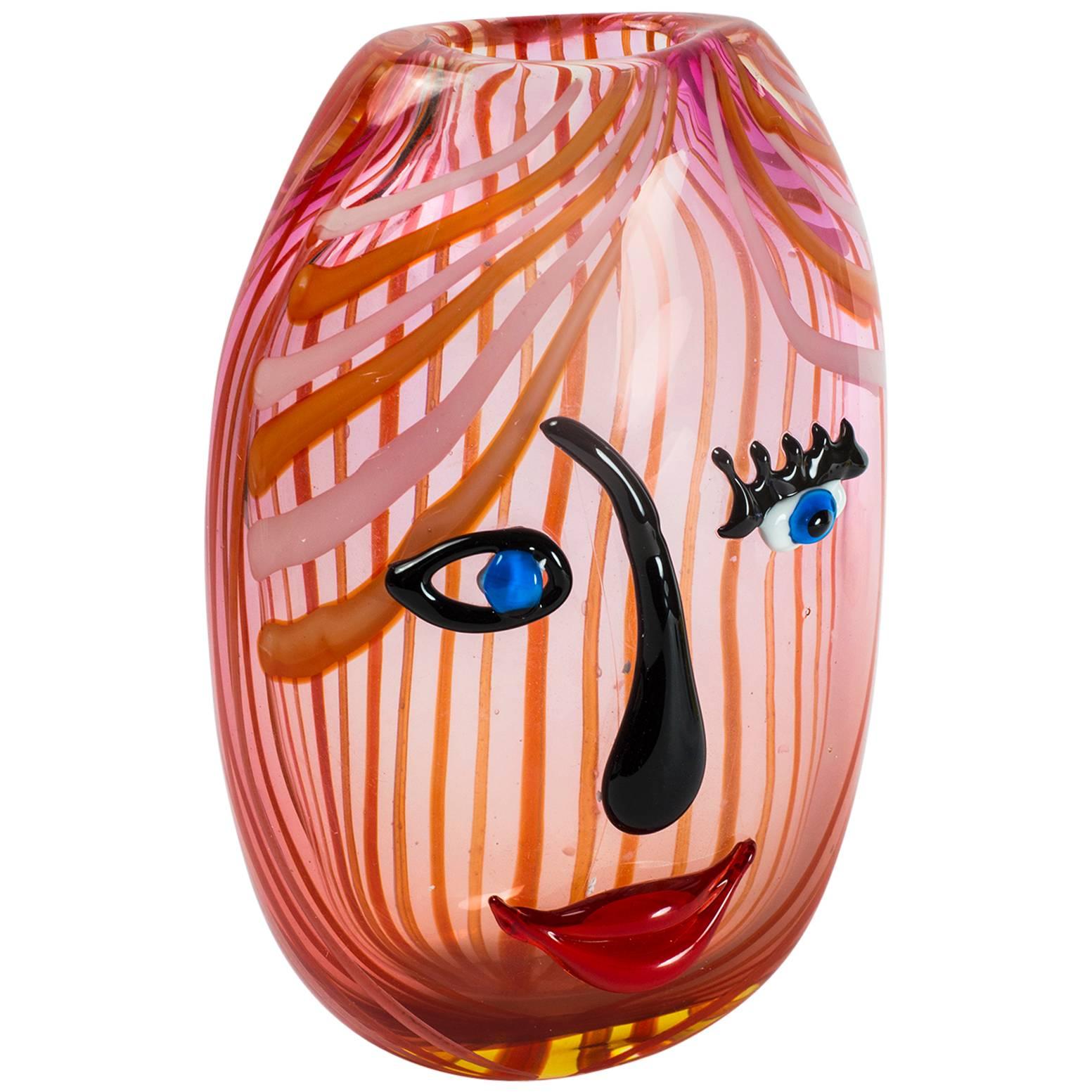 Large Multi Colored Art Glass Girl's Face Abstract Vase