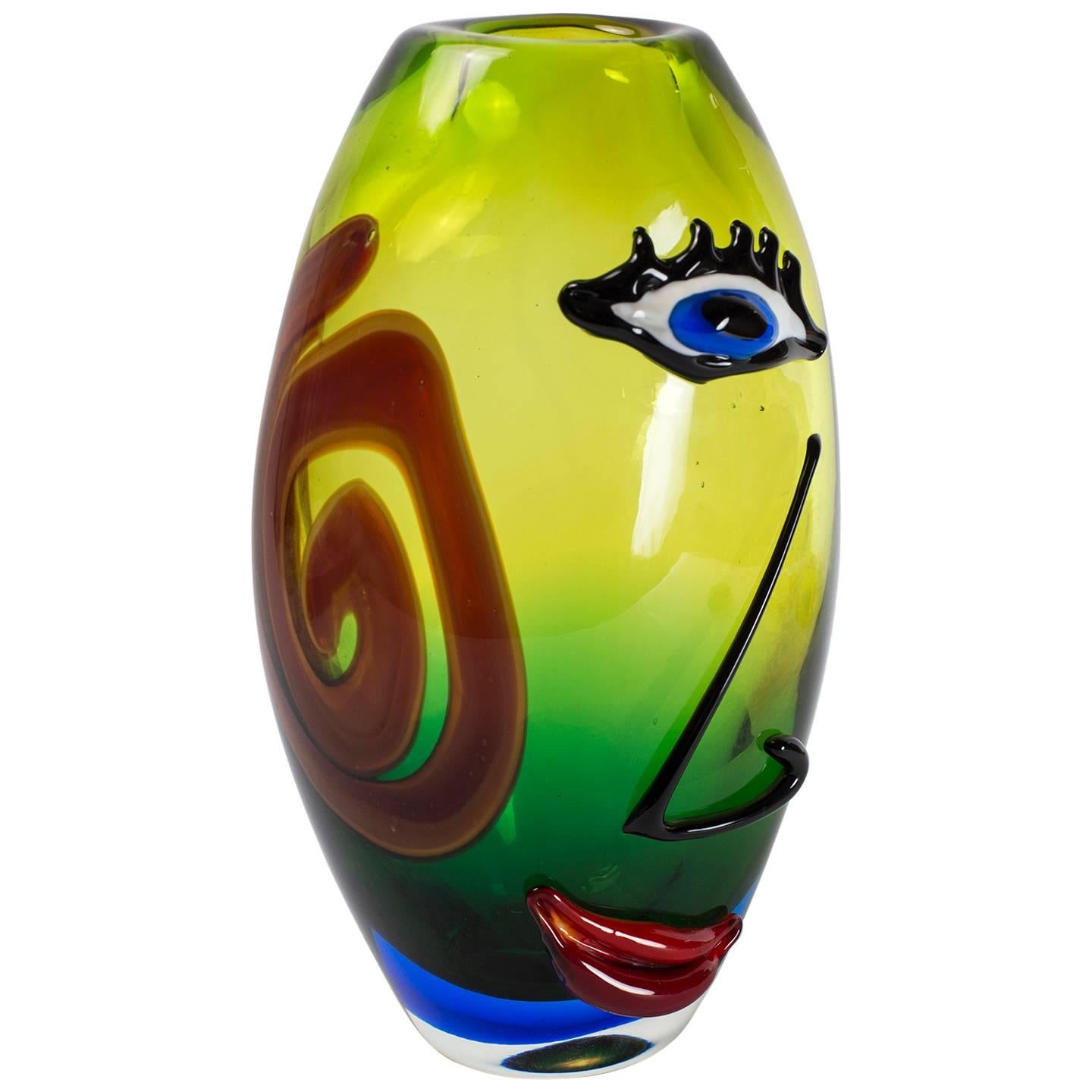 Murano Stil Glas Vase Picasso Gesicht Groß Edel