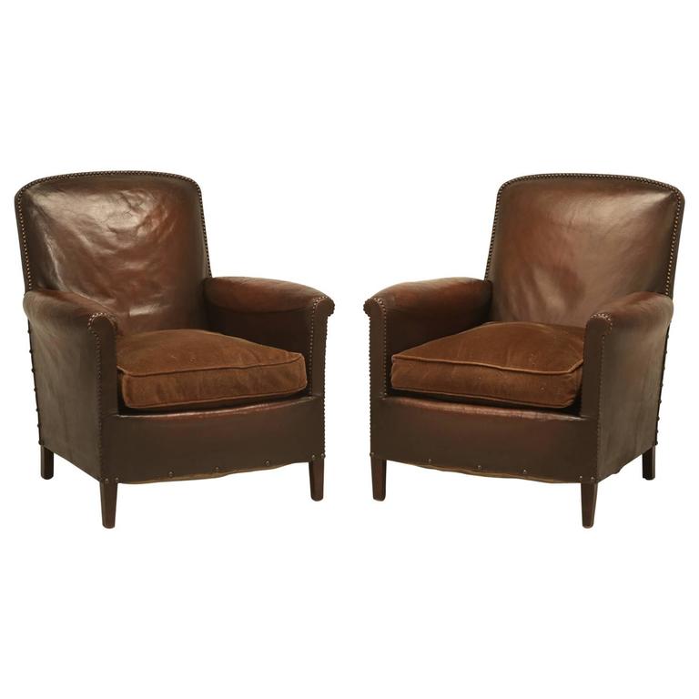 French Leather Club Chairs in Original Leather at 1stdibs