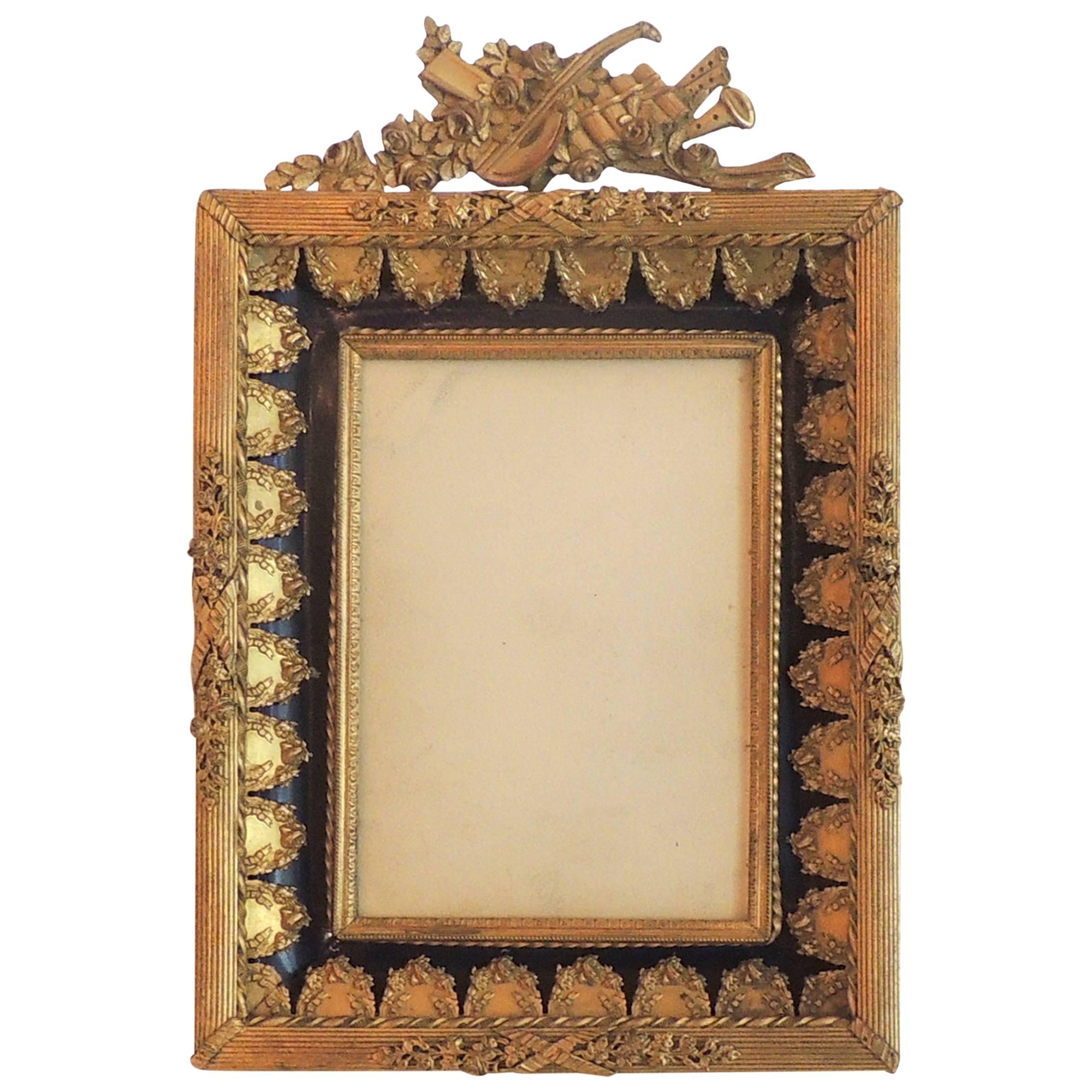 Wonderful French Doré Bronze Blue Enamel Neoclassical Musical Picture Frame