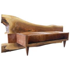 Walnut Live Edge Bench with Natural Cowhide Seat