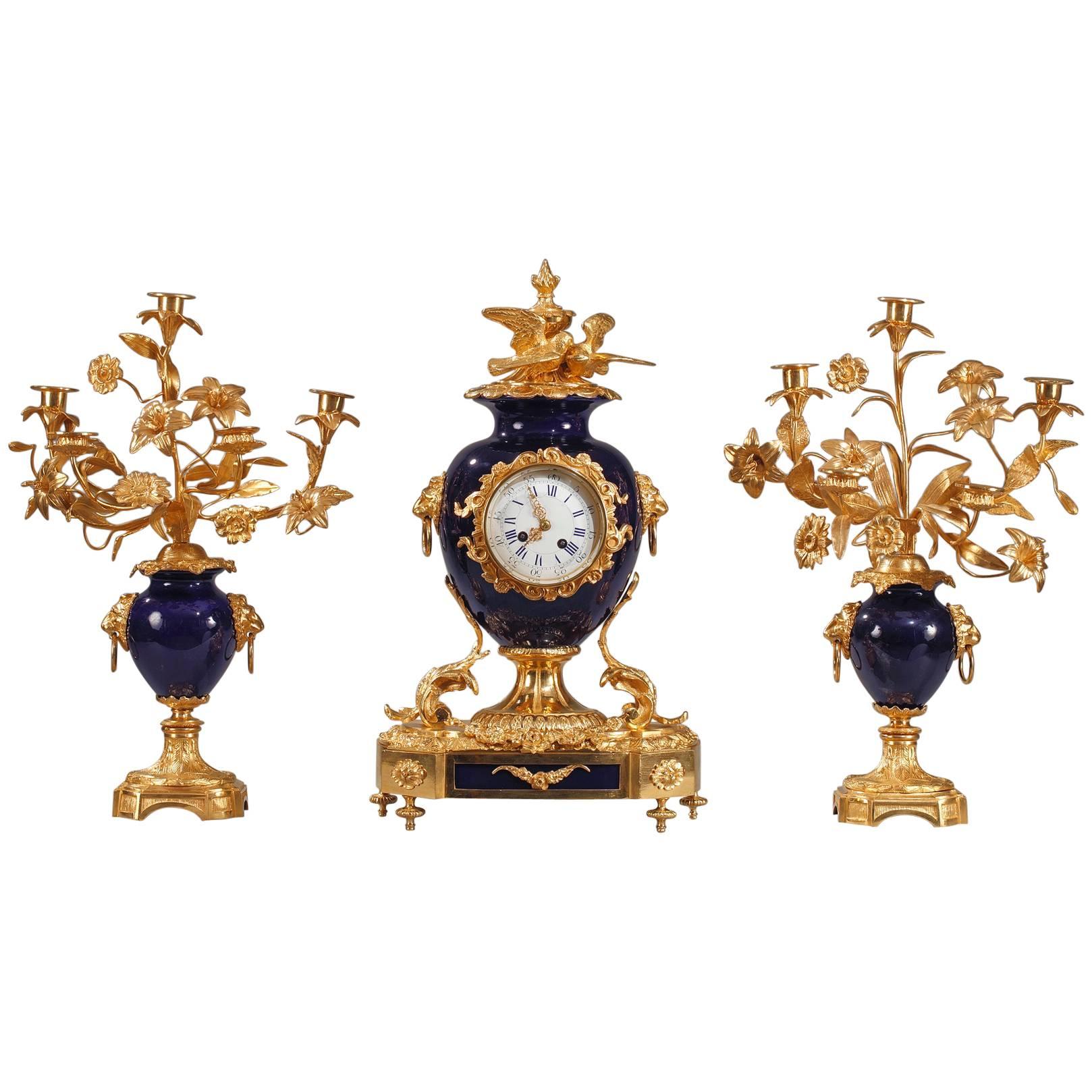 19th Century Blue Porcelain and Ormolu Clock and Candelabra
