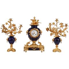 19th Century Blue Porcelain and Ormolu Clock and Candelabra