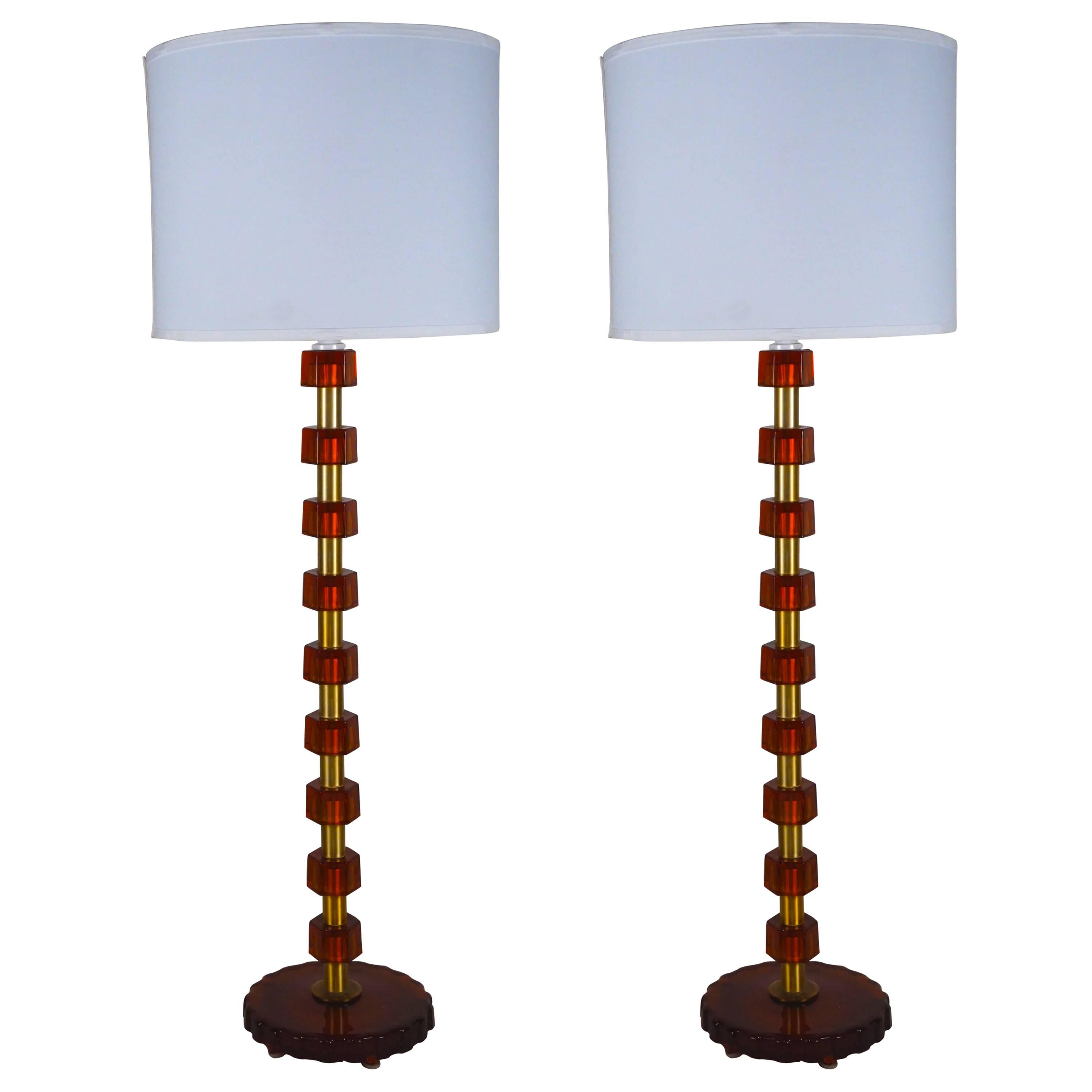 Pair of Bergboms Tall Table Lamps with Amber Glass and Brass Ring Inserts