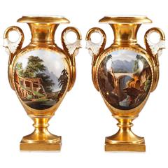 Pair of Porcelain Vases with Polychrome Landscapes and Floral Decoration