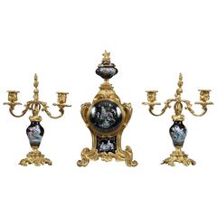 Antique Napoleon III Clock and Candlesticks in Ormolu and Limoges Enamel