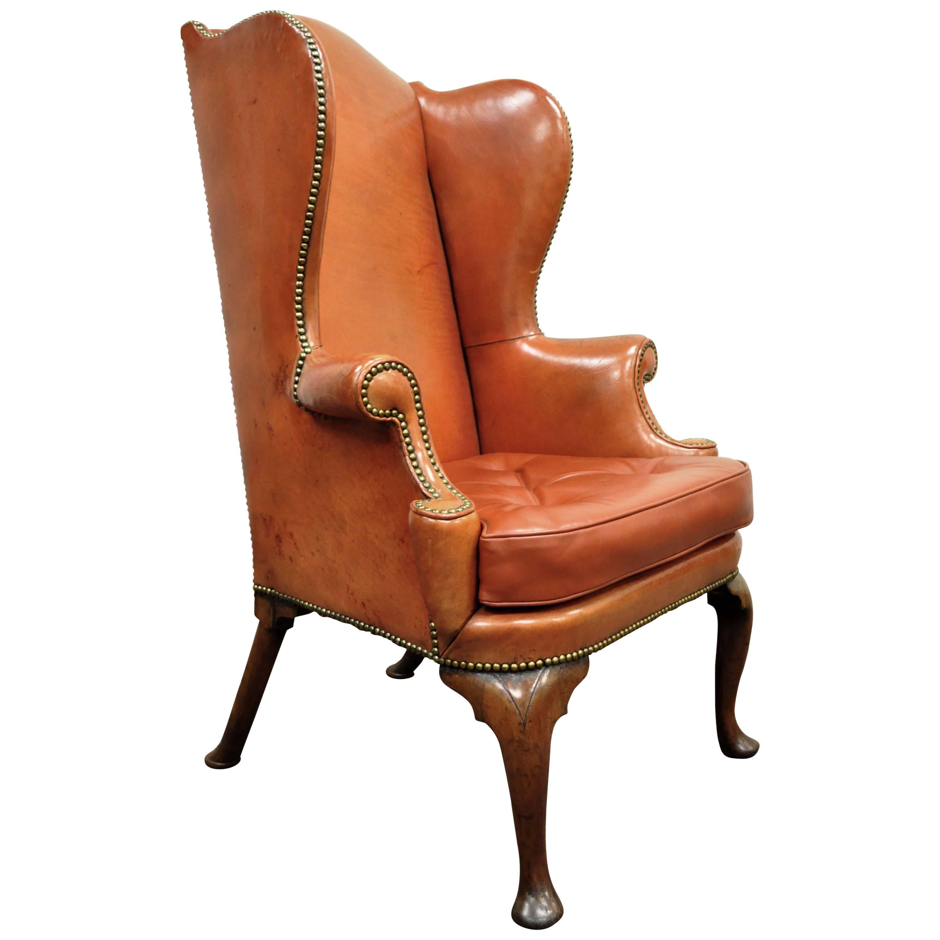 Antique 19th Century Burnt Orange Distressed Leather English Wingback Chair