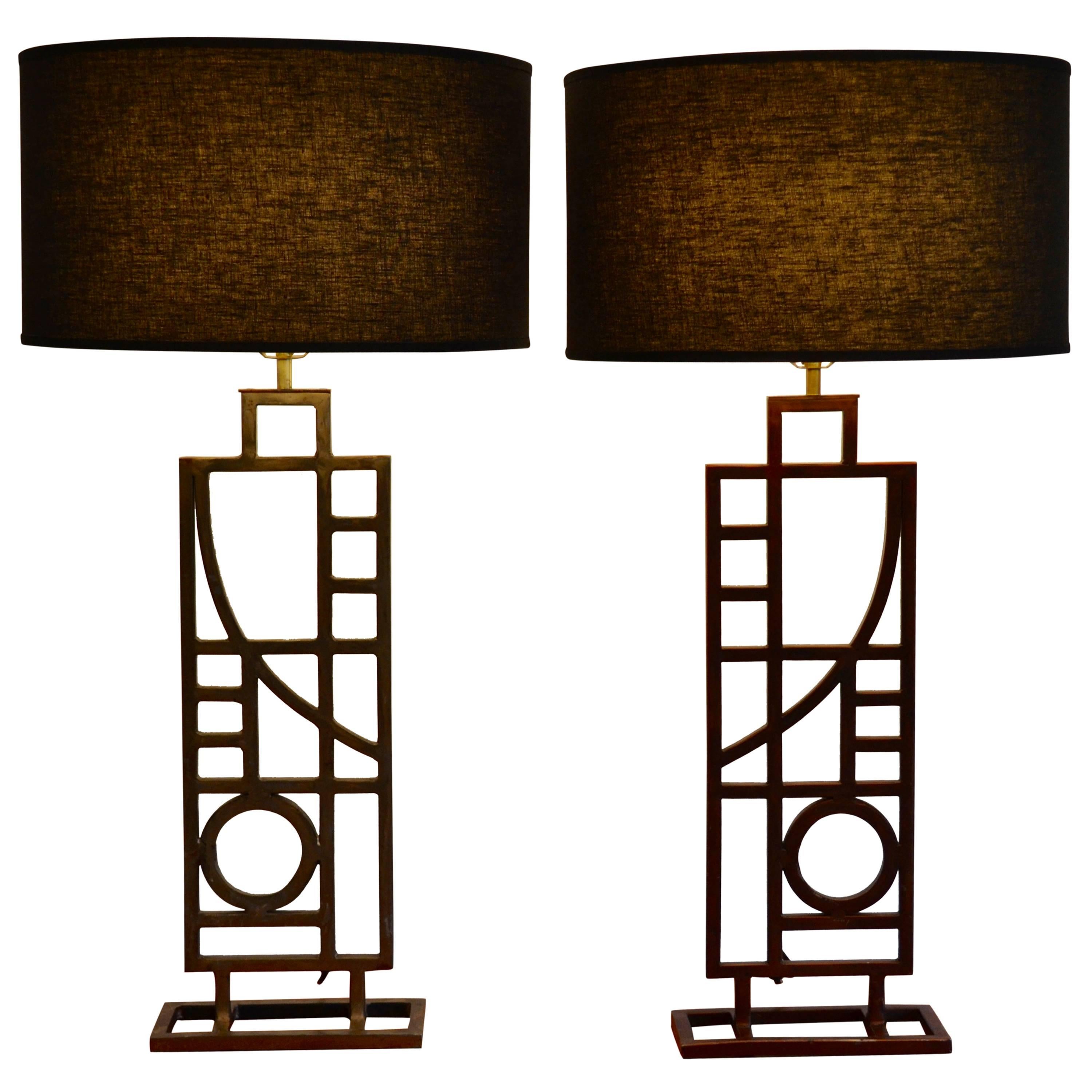 Pair of Mid Century Modern Nickel and Copper Table Lamps by Robert Sonneman