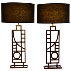 Vintage Pair of Mid Century Modern Nickel and Copper Table Lamps by Robert Sonneman