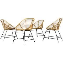 Set of Four Mid-Century Modern Bamboo Wicker Chairs with Iron Base, Germany