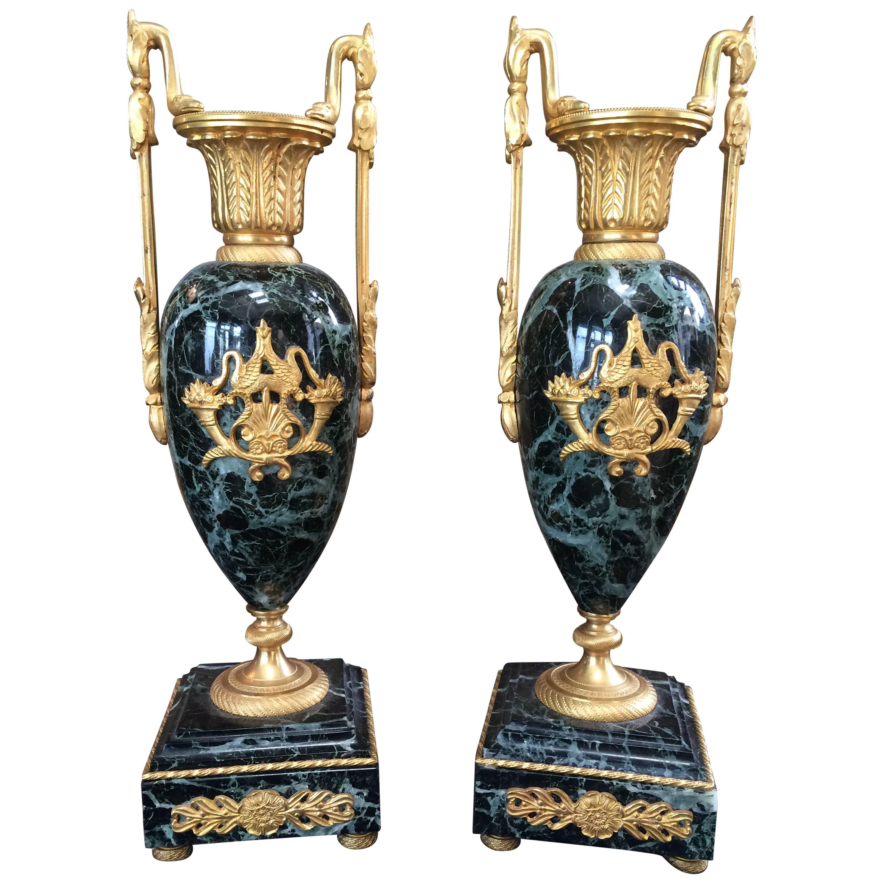 Very Handsome Pair of French Polished Verte Marble and Ormolu Cassolettes