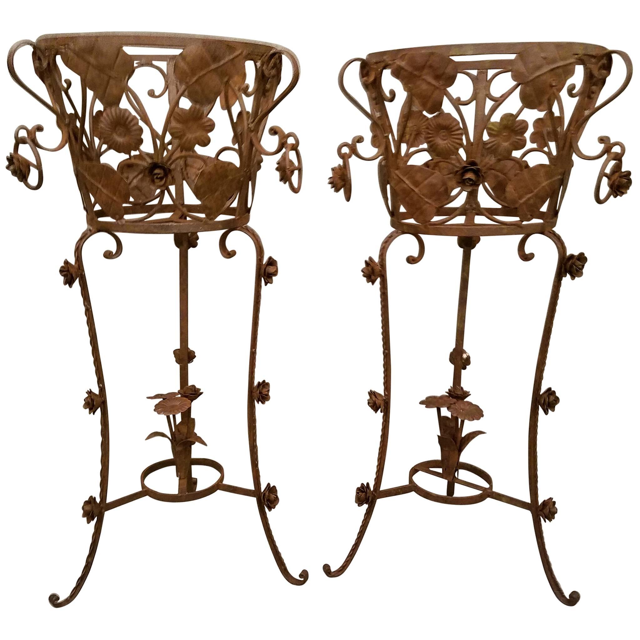 Pair of Iron Leaf and Flower Plant Stands