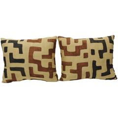 Pair of Vintage African Brown and Black Kuba Pillows